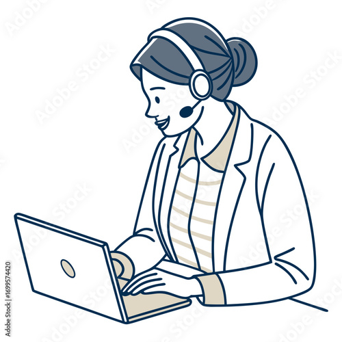 Friendly female customer service representative wearing a headset and smiling while working on a laptop computer