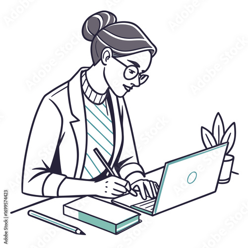 Focused woman wearing glasses and a blazer working diligently on her laptop and taking notes