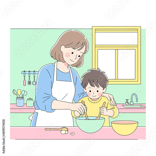Mother and Son Cooking Together in a Bright Kitchen, Mixing Ingredients in a Bowl