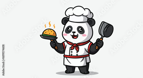 Chef panda holding a burger and a spatula