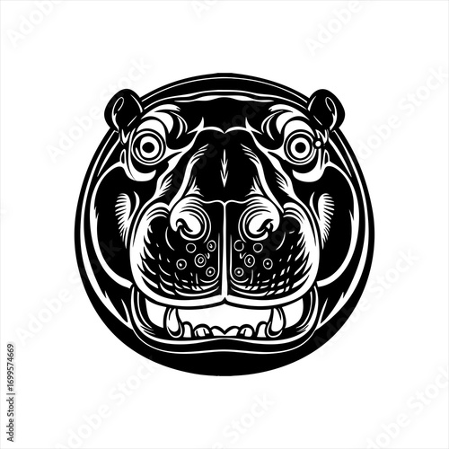 Stylized Black and White Hippopotamus Face Illustration.