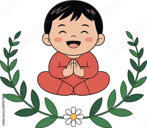 Cute meditating child cartoon, happy kid in lotus pose, peaceful character illustration, mindfulness practice for children, spiritual artwork, yoga meditation vector design.