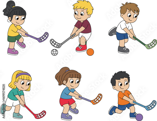 Cartoon kids playing floorball, happy children with hockey sticks, sports activity illustration, team game vector, physical education, active lifestyle for young athletes.