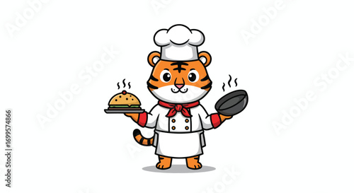 Cute tiger chef holding a burger and a pan