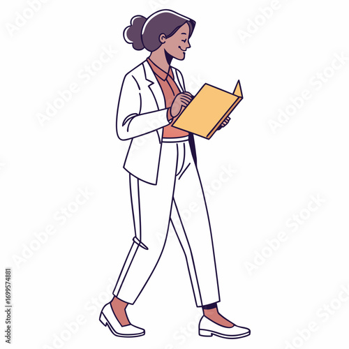 Professional woman in white suit walking and reading a document or folder with a content smile