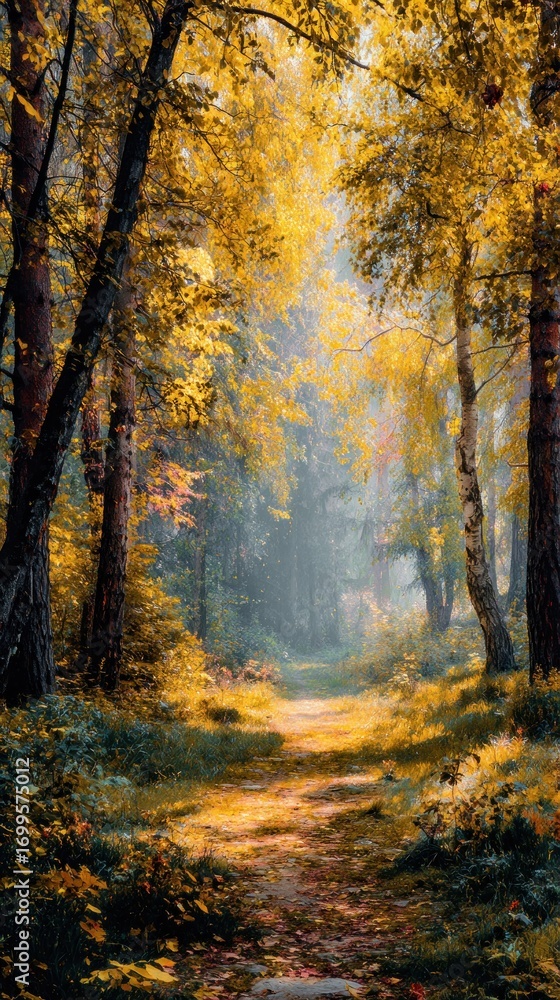 Obraz premium Forest path in autumn sunlight