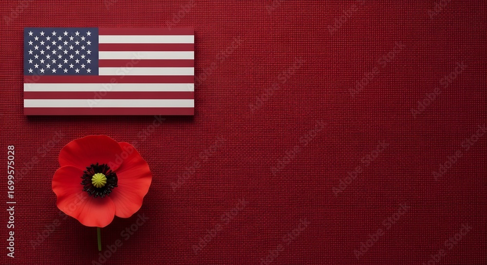 Obraz premium Usa flag and red poppy on textured background - memorial day or veterans day symbolism concept for commemoration and remembrance