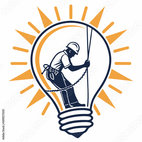 Skilled worker rappelling inside a glowing light bulb symbolizing innovation and bright ideas