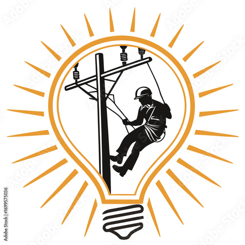 Silhouette of an electrician working on power lines inside a light bulb symbolizing innovation and energy solutions