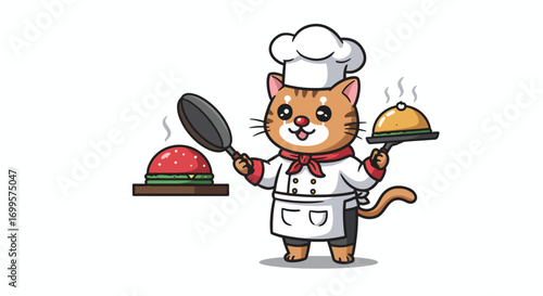 A cartoon cat chef in a white uniform and hat holds a frying pan and a covered dish