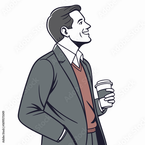 Smiling businessman in a suit and sweater vest holding a coffee cup with his hand in his pocket