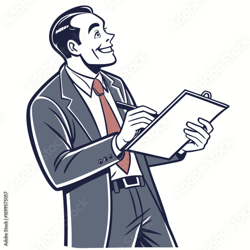 Smiling businessman in a suit holding a clipboard and pen looking upwards with enthusiasm