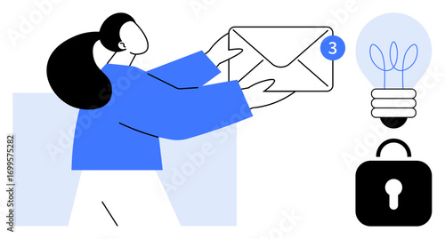 Woman holding envelope with notification tag, lightbulb for ideas, and padlock for privacy. Ideal for email, innovation, security, communication, technology notifications and personal data. Simple