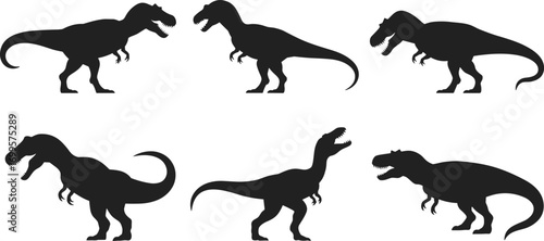 Collection of Tyrannosaurus dinosaur silhouettes vector illustration, prehistoric animal poses, Jurassic creatures, ancient reptiles, wild predator icons, black shadow designs