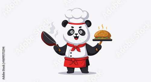 A chef panda holds a frying pan and a burger