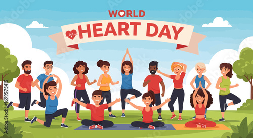 People of Diverse Backgrounds Practicing Yoga and Fitness Outdoors for World Heart Day Celebration
