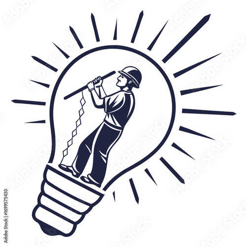 Worker inside a light bulb pulling a rope symbolizing innovation and hard work to generate bright ideas