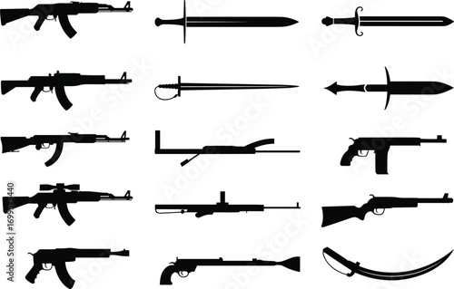 Collection of weapon silhouettes vector illustration, rifles, pistols, swords, knives, guns, firearms, military combat icons, war tools, security defense symbols