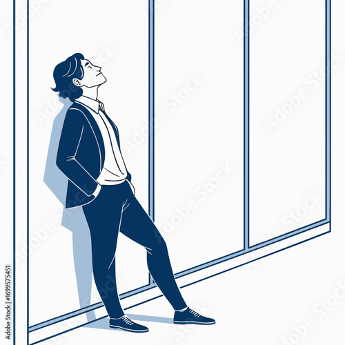 Young businessman leaning against a wall with hands in pockets looking up thoughtfully