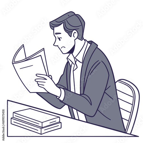 Young businessman sitting at a desk reading a document with a confused or concerned expression on his face