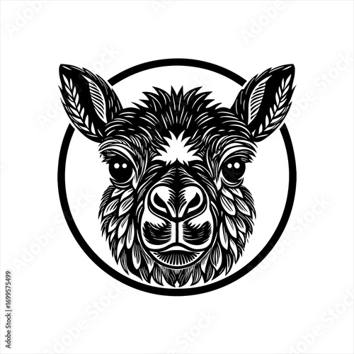 Stylized Black and White Llama Face Emblem 1.