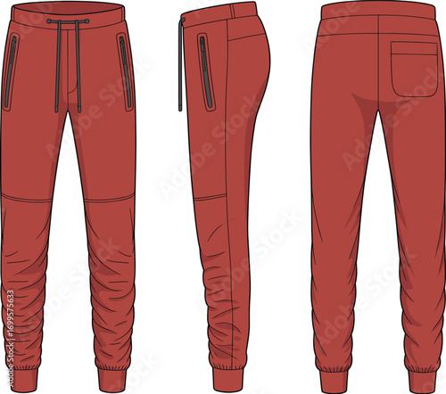 Men jogger pants template, casual sweatpants front side back view, athletic streetwear design, modern fashion apparel, drawstring trousers vector, sportswear clothing mockup