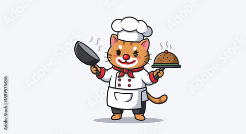 Cartoon cat chef holding a frying pan and a covered dish