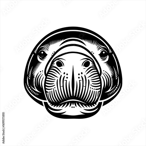 Stylized Black and White Manatee Face Illustration.