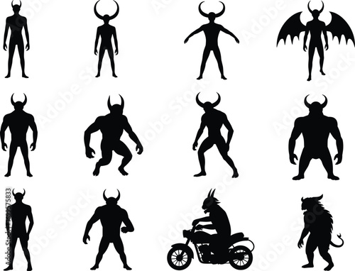 Demon silhouettes collection, horned monster vector illustration, fantasy creature shadow design, evil devil character artwork, mythical beast figure, Halloween dark scary graphic elements