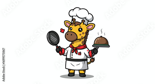 A cartoon giraffe chef holding a frying pan and a covered dish