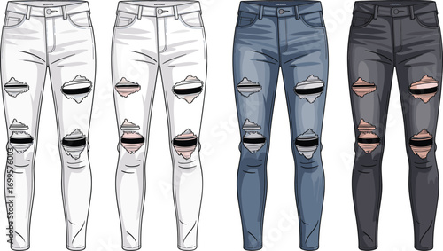 Trendy ripped skinny jeans design, fashionable distressed denim pants, modern women streetwear, stylish casual wear bottoms, edgy fashion illustration, detailed apparel sketch, urban outfit