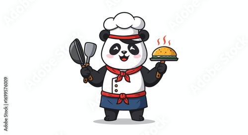 Cartoon panda chef holding cooking utensils and a burger