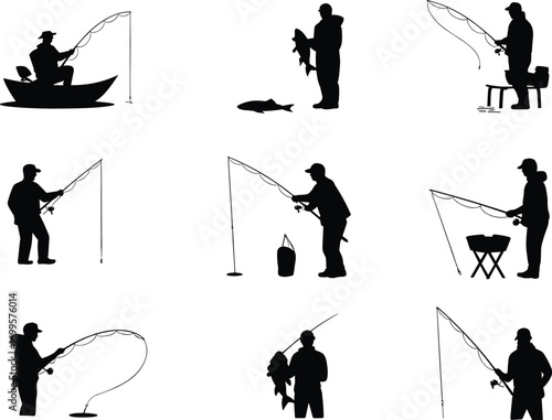 Fishing silhouettes collection, vector illustration of fisherman with rod, catching fish, fishing boat, outdoor hobby activity and angler poses for design
