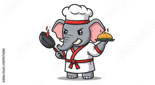 An elephant chef holds a frying pan with flames and a plate of food