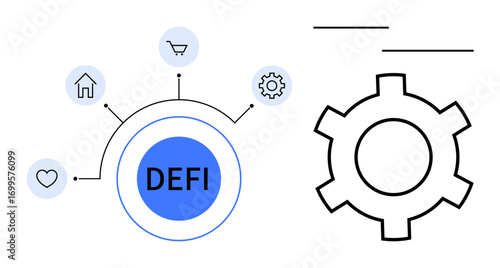 Central DeFi hub linked to icons of home, shopping cart, gear, and heart. Ideal for fintech, blockchain, technology, decentralized finance, modern workflows online services and a simple landing