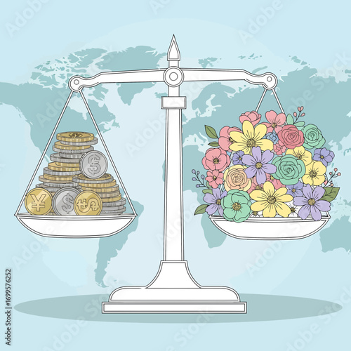 Scales of Justice Balancing Money and Nature: Financial Wealth vs. Environmental Beauty