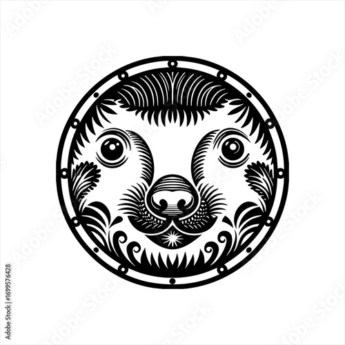 Stylized Black and White Sloth Face Emblem.