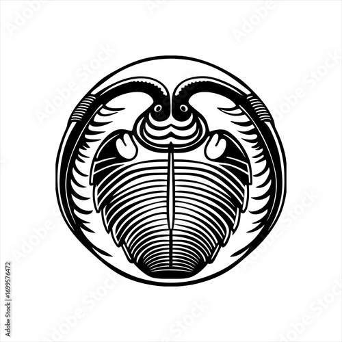 Stylized Black and White Trilobite Fossil Emblem.