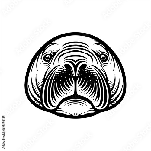 Stylized Black and White Walrus Face Illustration.