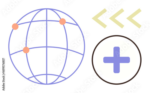 Minimalist globe with orange points, purple cross in a circle, forward arrows. Ideal for technology, innovation, global reach, communication, progress healthcare and networking. Simple flat