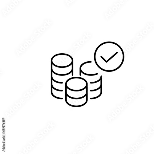 Stack of coins and checkmark. Secure finances and investments. Savings account protected. Pixel perfect, editable stroke vector icon