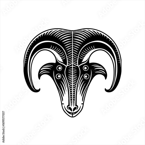 Stylized Ram Head With Curving Horns.