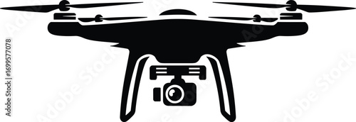 Quadcopter drone, drone silhouette, aerial camera, flying drone, surveillance technology, propeller drone, front view, flat vector illustration