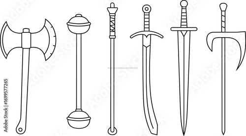 Medieval weapons vector illustration, battle axe, mace, swords, and fantasy blades collection, ancient combat tools, black outline design, historic armory icons