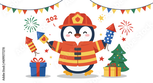 Penguin firefighter holding fireworks near Christmas tree and gifts