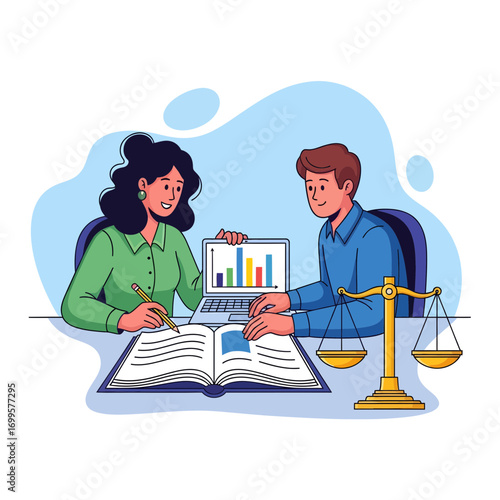 Two professionals analyzing financial data and charts with a laptop and a book, law scales nearby
