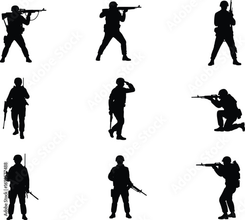  Military soldier silhouette vector illustration with guns, tactical poses, armed forces combat positions, war defense concept design isolated on white background for use