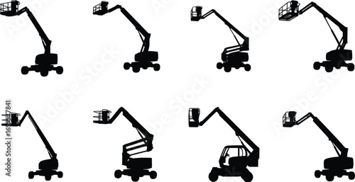 Boom lift, cherry picker, aerial work platform, construction equipment, elevated access, silhouette, basket lift, flat vector illustration