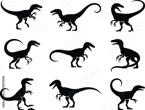 Set of dinosaur silhouettes, velociraptor vector illustration, prehistoric reptile design, Jurassic predator poses, black dinosaur outline artwork, ancient animal graphic collection
