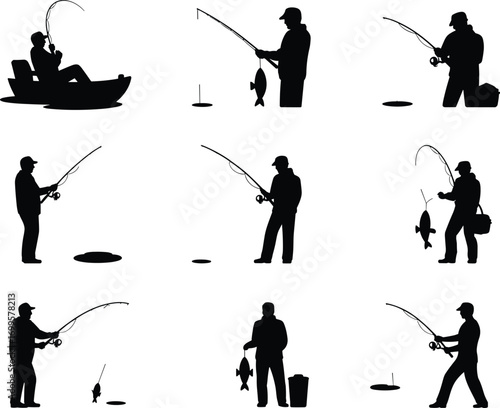 Set of fishing silhouette vector illustrations showing fishermen with rods, catching fish, ice fishing activities, outdoor recreation, hobby sport, lake and river fishing scenes